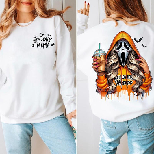 Spooky Mama Gh0.st Face 2 Sides Shirt Hoodie & Sweatshirt,  Halloween For Women, Gift For Mom, Ghost Sweatshirt,...