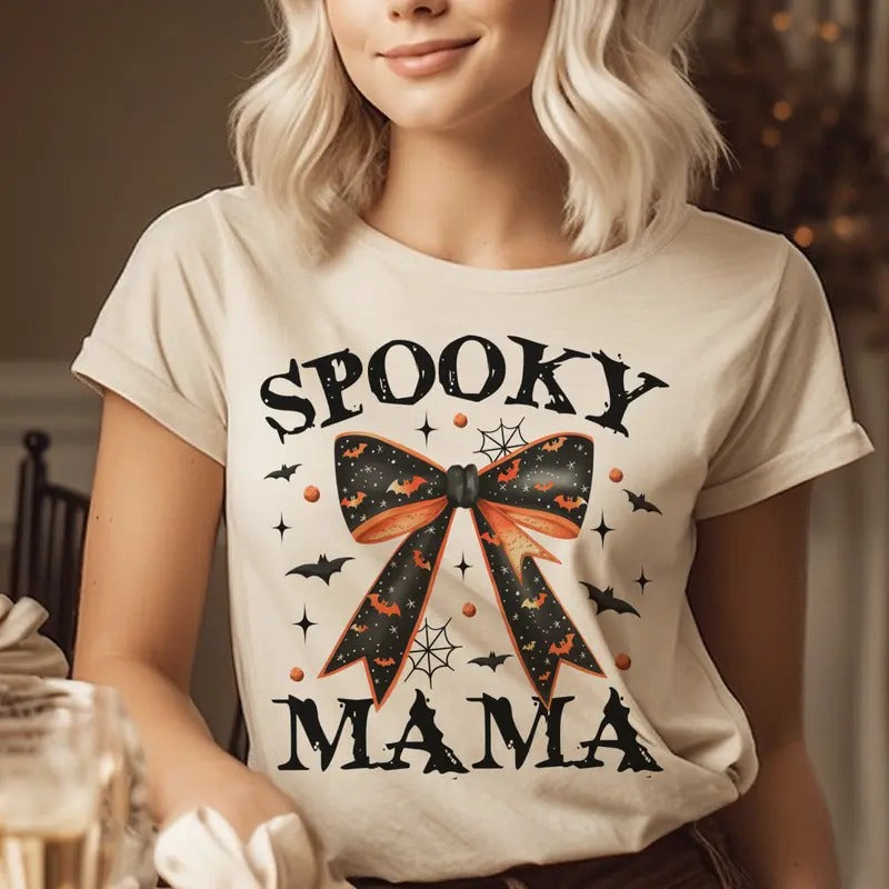Spooky Mama Halloween Tshirt Spooky Mama Halloween Bow Tee Halloween Fall Mama T-Shirt Halloween Bow Mama Top Womens...
