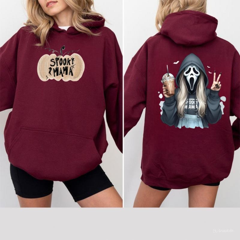 Spooky Mama Hoodie, Ghossstface Holding Iced Coffee Graphic Hoodie, Fun Halloween Horror Apparel, Trendy Fall Season...