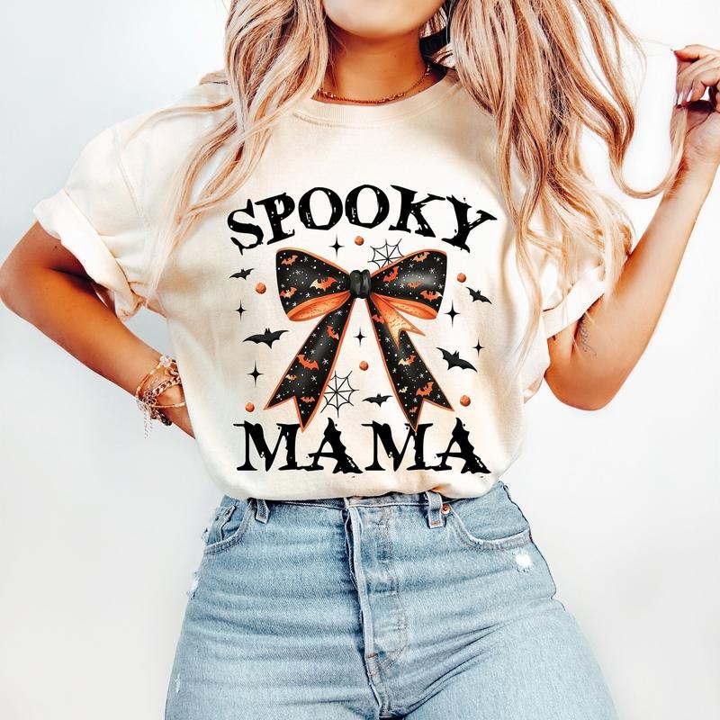 Spooky Mama T-Shirt, Coquette Halloween T-Shirt, Spooky Season T-Shirt, Retro Halloween T-Shirt, Spooky vibes T-Shirt,...