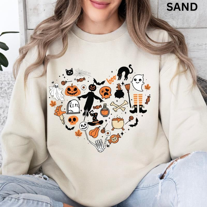 Spooky Season Crewneck, Halloween Heart Sweatshirt, Oversized Halloween Graphic Crewneck, Cotton Pullover Spooky Season...