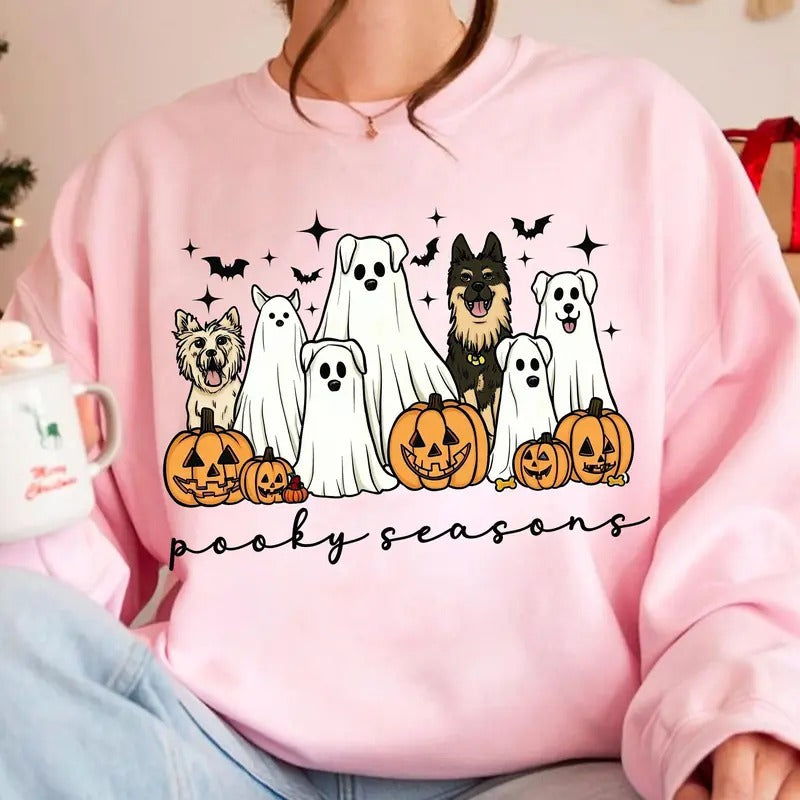 Spooky Season Cute Boo Dog Halloween Sweatshirt, Retro Ghost Dog Sweatshirt, Halloween Pumpkin Dog Sweatshirt, Gift For...