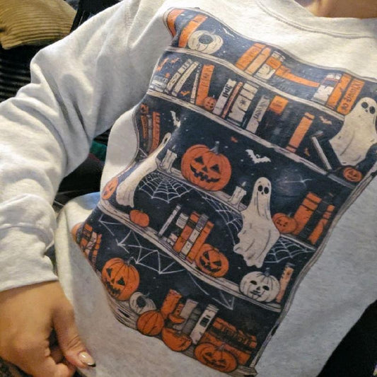 Spooky Season Ghosty Books Design Sweatshirt with Halloween Icons and Ghosts Pattern T-Shirts, Hoodie | WearSparks.com