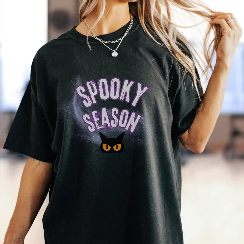 Spooky Season Oversized Halloween Black Kitty Tshirt Gift Happy Halloween s Horror Night Shirt Scary Vibes Tshirt Hoodie,...