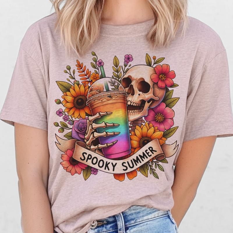 Spooky Summer Floral Skull Graphic Tee Rainbow Drink Floral Skeleton Summer Tshirt Casual Womens Crewneck Spooky Summer...