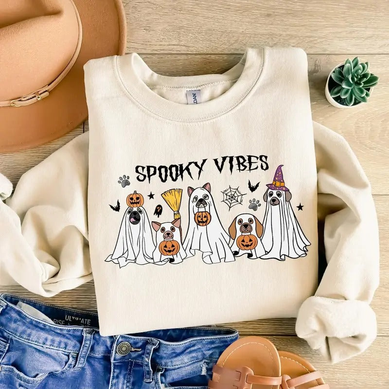 Spooky Vibes Ghost Dog T-Shirt, Halloween Ghost Dog Sweatshirt, Ghost Dog Sweater, Spooky Season Tee Shirt, Cute Dog...