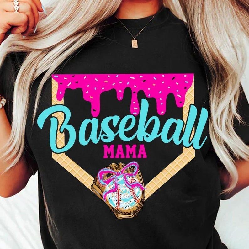 Sporty Baseball Drip Tee tshirt, Preppy Ice Cream Print tshirt, Retro Mom Look tshirt, women tops, shirt for women...