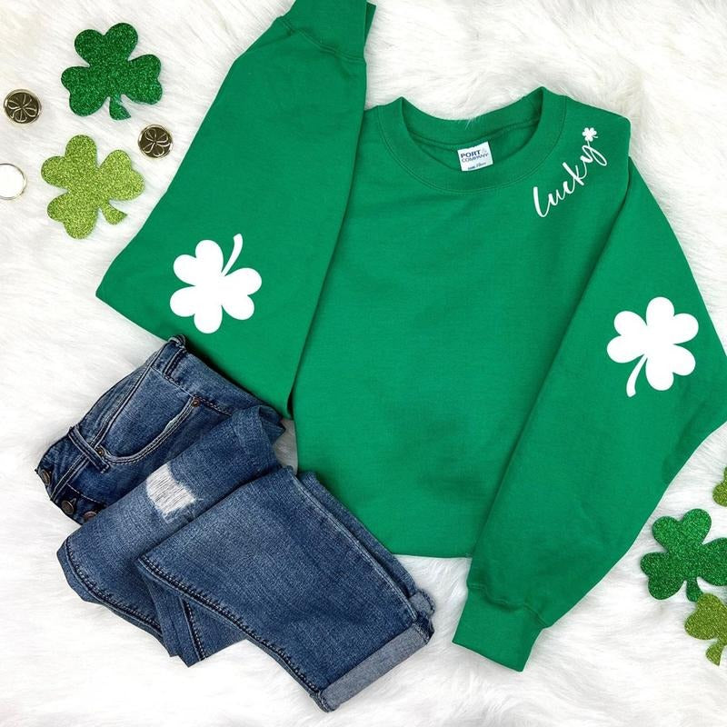 St. Patricks Day Sweatshirt for Women, Lucky Crewneck, Shamrock Elbow Sweatshirt, Armpatch Shamrock Sweatshirt, Irish...