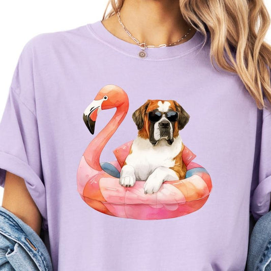 St. Bernard Flamingo Float Dog Shirt ~ Unisex Apparel Relaxed Fit Printed In The USA Clothing Womenswear Casual Comfort...