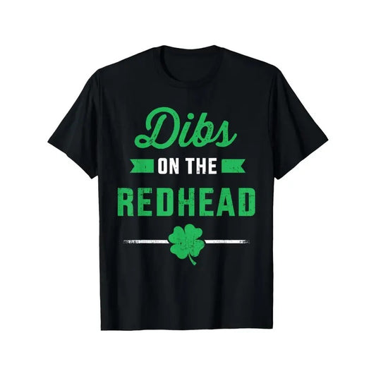 St. Patrick's Day 'Dibs on the Redhead' Funny Cotton T-Shirt – Black Casual Short Sleeve Tee with Shamrock Graphic,...