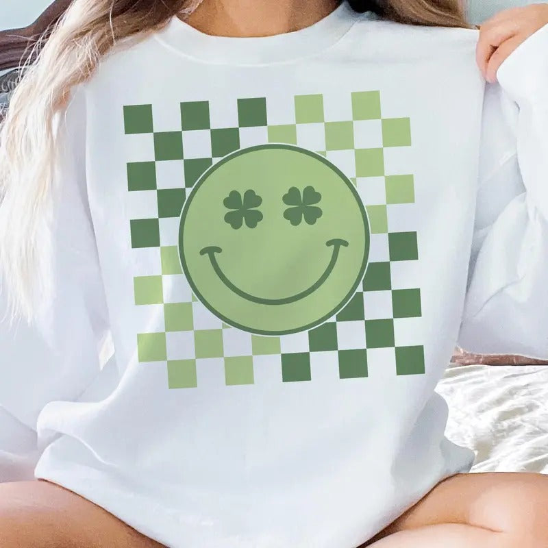 St. Patricks Day Retro Clover Smiley Sweatshirt T-Shirts, Hoodie | WearSparks.com
