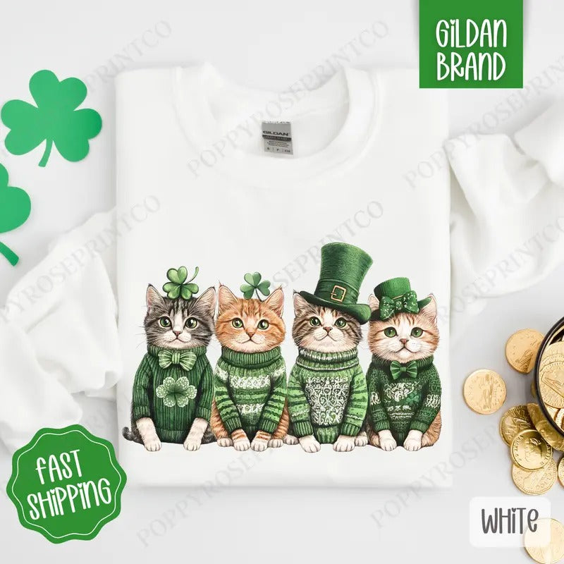 St Patrick Cats Sweatshirt, St Patrick's Day Crewneck, Cute Women's Sweater T-Shirts, Hoodie | WearSparks.com