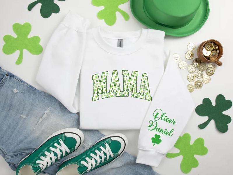 St Patrick's Day Mama Sweatshirt with Children Name on Sleeve, Custom St Patrick's Day Sweater, Womens St Patricks, Lucky...