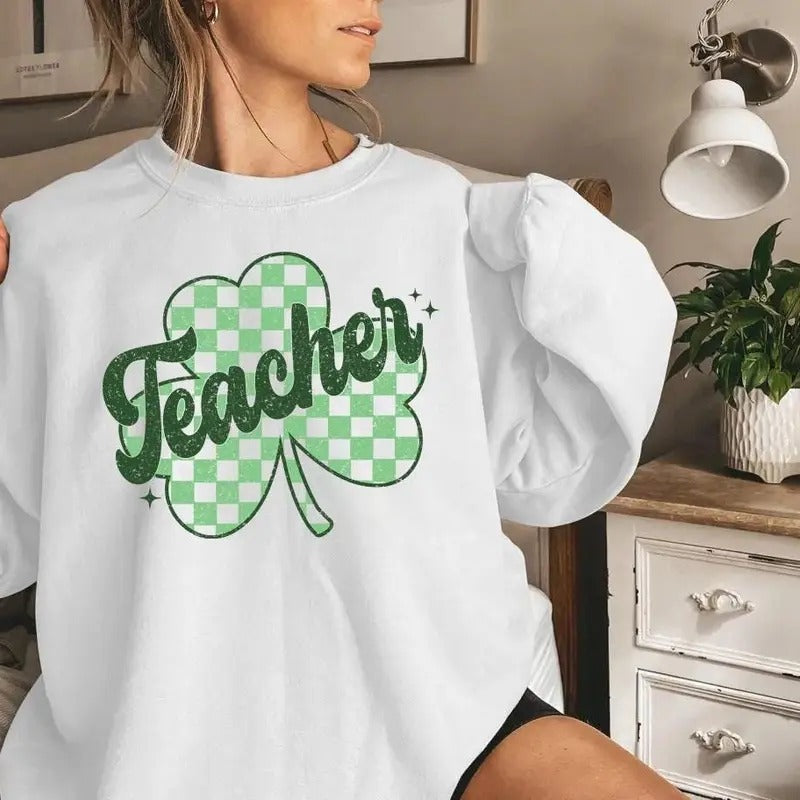 St Patrick's Day Teacher Sweatshirt One Lucky Teacher T-shirt St Paddy's Day Teacher Shirtretro Shamrock Teacher...