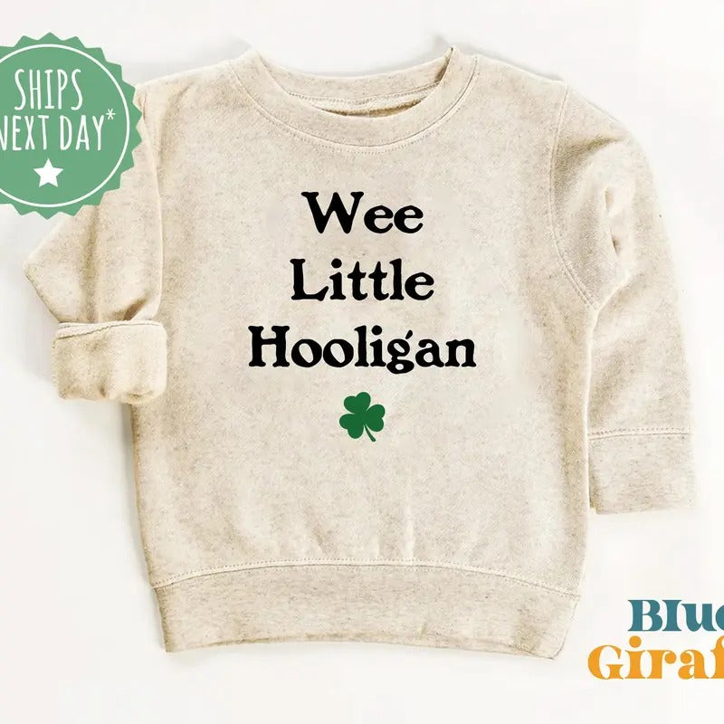 St Patricks Day Baby Bodysuit - Wee Little Hooligan Kids Sweatshirt - St Patrick's Day Pullover - Vintage Natural Crew...