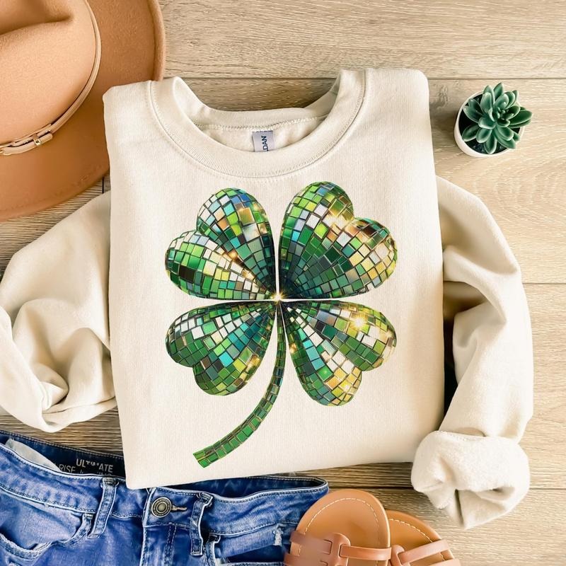 St Patricks Day Disco Clover Glitter Four Leaf Shamrock Faux Mirror Ball Shiny Irish Clipart Lucky T-Shirts, Hoodie,...