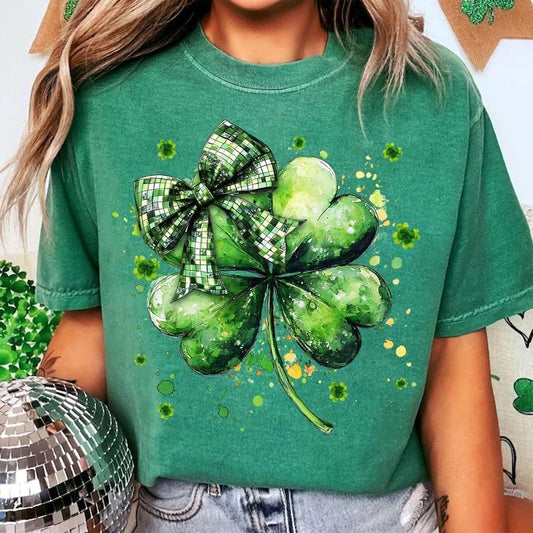 St Patricks Day Shamrock Coquette T-Shirt, St Pattys Day T-Shirt, Four Leaf Clover Sequin Bow, Patricks Day Brushstroke...