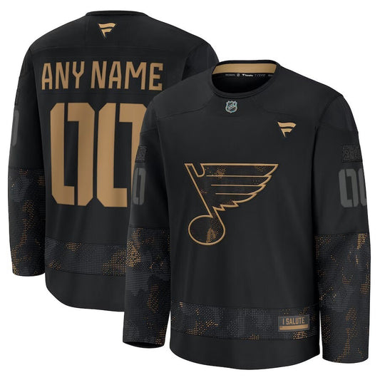 St. Louis Blues 2024 Military Appreciation Personalized Long Sleeve Practice Jersey - Black