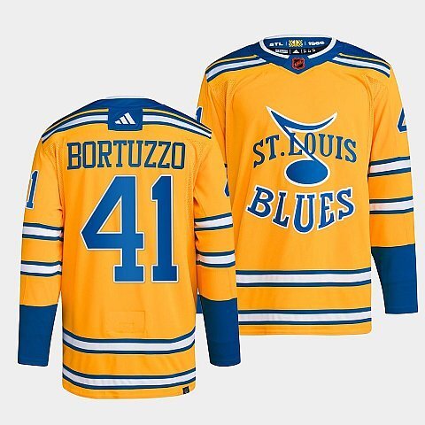 St. Louis Blues #41 robert-bortuzzo-yellow-2022reverse-retro-2.0-authentic-primegreen-jersey