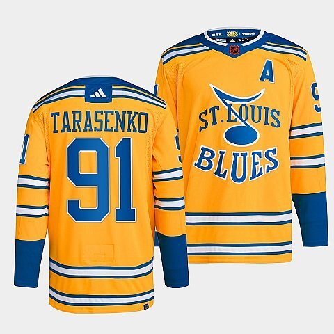St. Louis Blues #91 vladimir-tarasenko-yellow-2022reverse-retro-2.0-authentic-primegreen-jersey