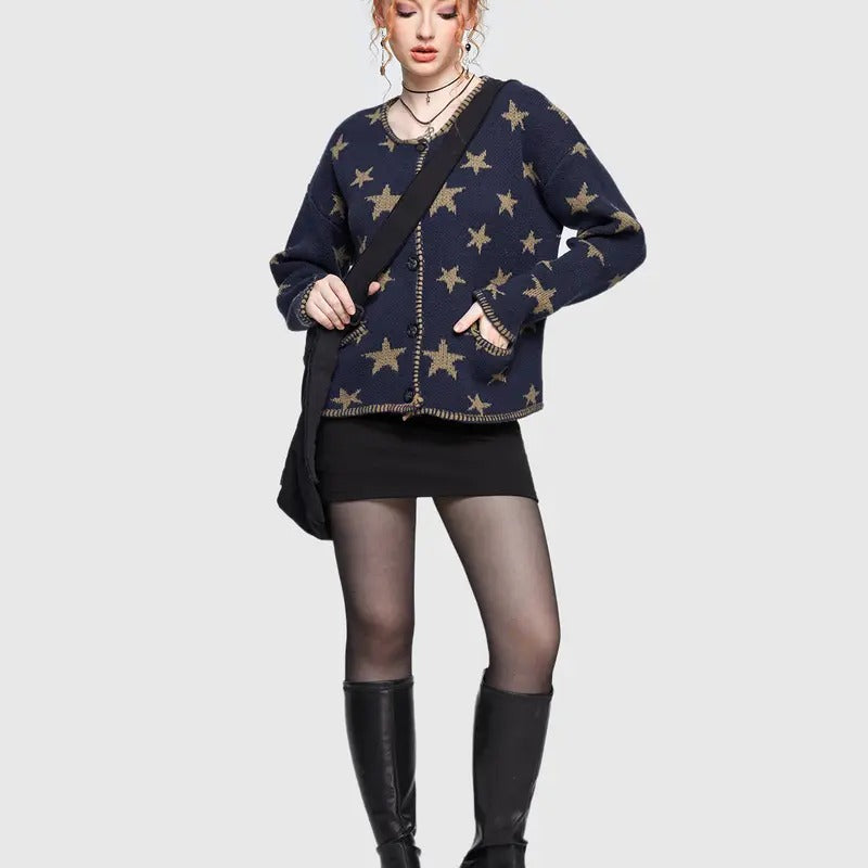 Star Print Cardigan Button Down Round Neck Long Sleeve Casual Sweater with Pockets T-Shirts, Hoodie, Sweatshirt