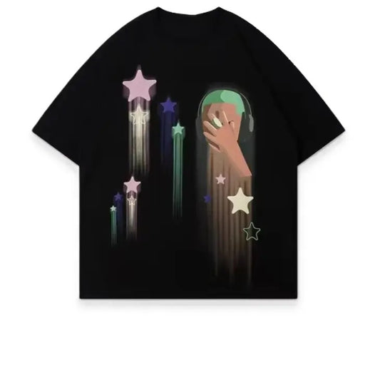 Star Stream DJ Graphic T-Shirt, Music and Starry Sky Print, Casual Streetwear Cotton Top, Menswear, Womenswear,...