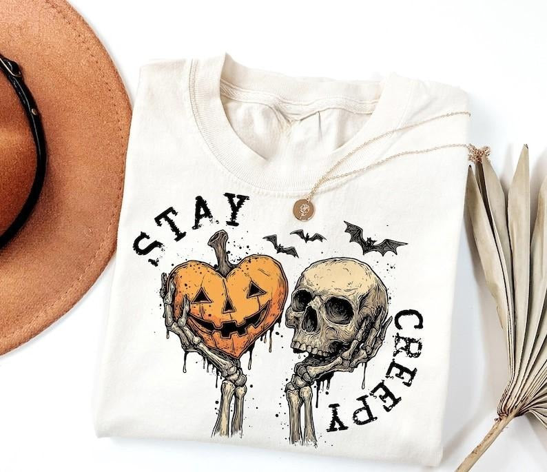 Stay Creepy Shirt, Retro Dripping Heart Halloween Tshirt, Skeleton Hand Spooky Graphic Tee, Grunge Horror Trendy Skeleton...