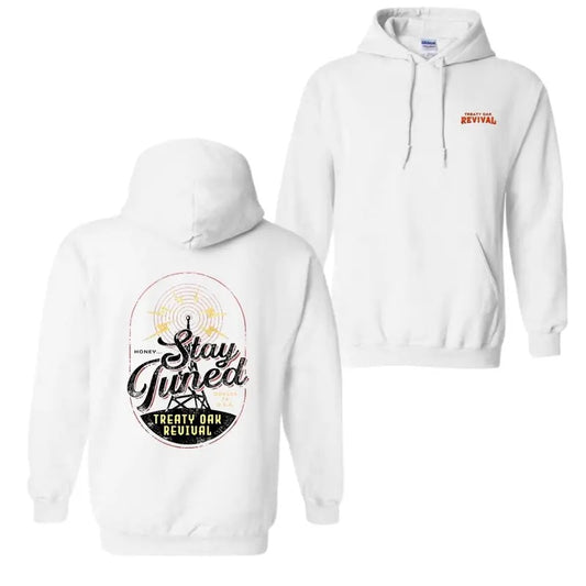 Stay Tuned Hoodie, Featuring a unique radio tower design and Treaty Oak Revival logo, hoodie trend Menswear Stylish...