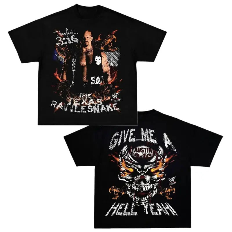 Steve Austin The Texas Rattlesnake Unisex 2 Sides Graphic T-Shirt, Stone Cold Austin Steve Give Me a Hell Yeah Graphic...