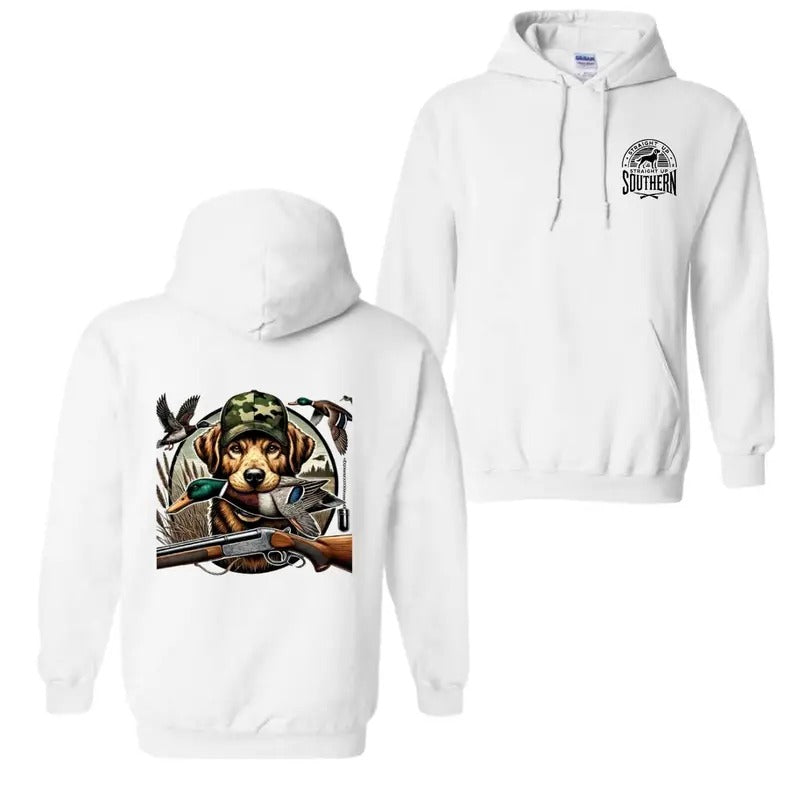 Straight Up Southern Duck Hunting Hoodie - Camo Dog and Mallard Graphic for Outdoor Enthusiasts, Cozy Pullover Menswear...