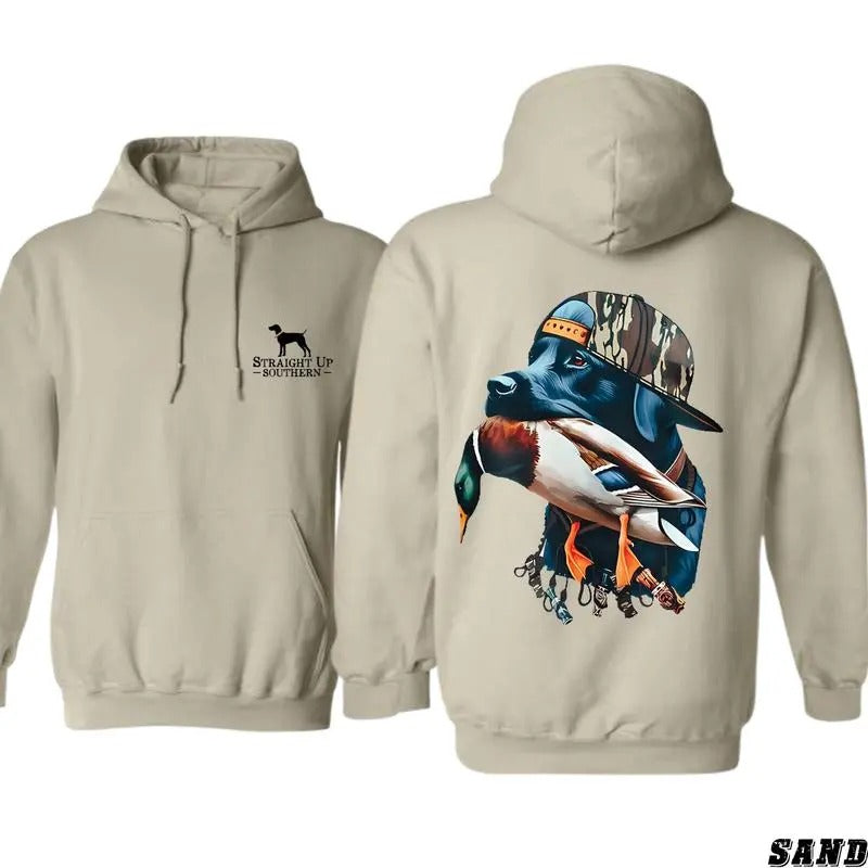 Straight Up Southern Hoodie, Bold Black Hunting Dog with Duck Graphic, Perfect for Outdoorsmen and Waterfowl Hunters...