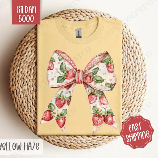Strawberry Bow Gildan Tshirt, Cute Fruit Tee, Girly Aesthetic Shirt Hoodie, Sweatshirt | WearSparks.com
