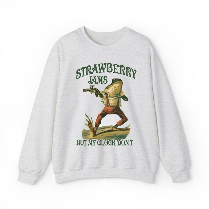 Strawberry Jams But My Glock Don't Sweatshirt, Funny Frog Shirt, Funny Meme Crewneck Hoodie | WearSparks.com