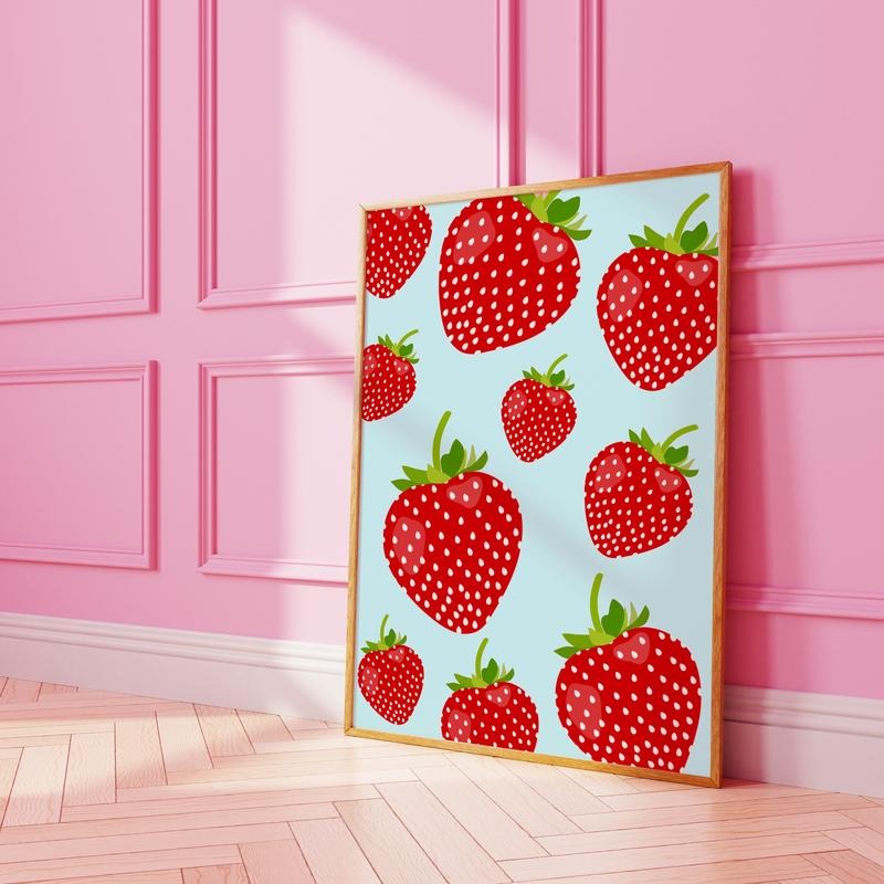 Strawberry Pattern Wall Print, Cute Fruit Wall Art, Preppy Poster, Aesthetic Poster, College Dorm Decor, Poster Prints No...