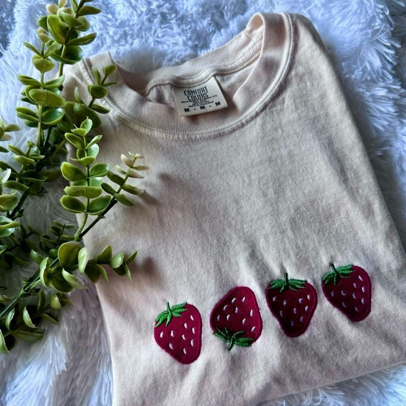 Strawberry Tshirt, Embroidered Summer Shirt, Strawberry Shirt, Oversized Beach Comfort Hoodie, Sweatshirt | WearSparks.com