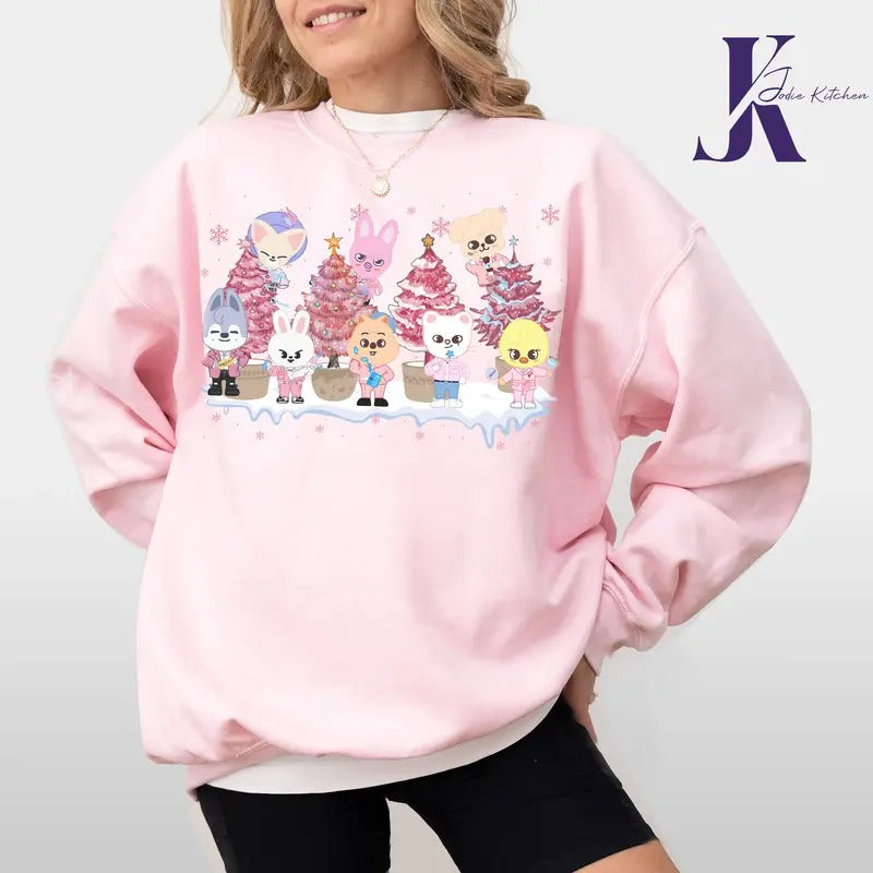 Stray Kids Christmas Sweatshirt, Pink Christmas Kpop Shirt, Skzoo Christmas Tree Shirt, Changbin, Hyunjin,Han Xmas,...