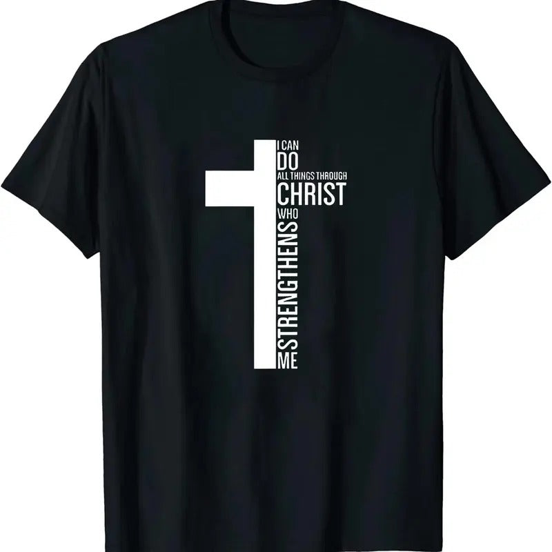 Strengthens Me Cross T-Shirt Cotton Tee Earthy Black Women Outfits Hoodie, Sweatshirt | WearSparks.com