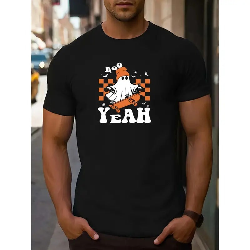 Stretch Fit, Men's Casual Sports Tee - Round Neck, Letter Print Design, Machine Washable