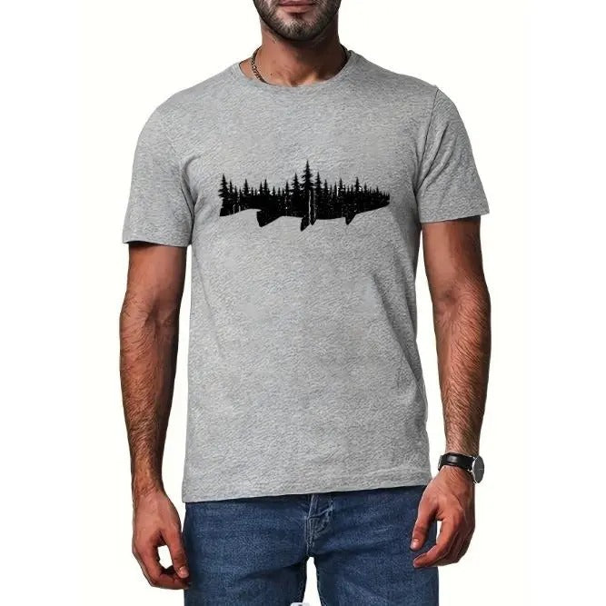 Stylish Fish & Forest Silhouette Tee - Soft & Comfortable - Perfect for Summer Adventures - Versatile Casual Men's Top
