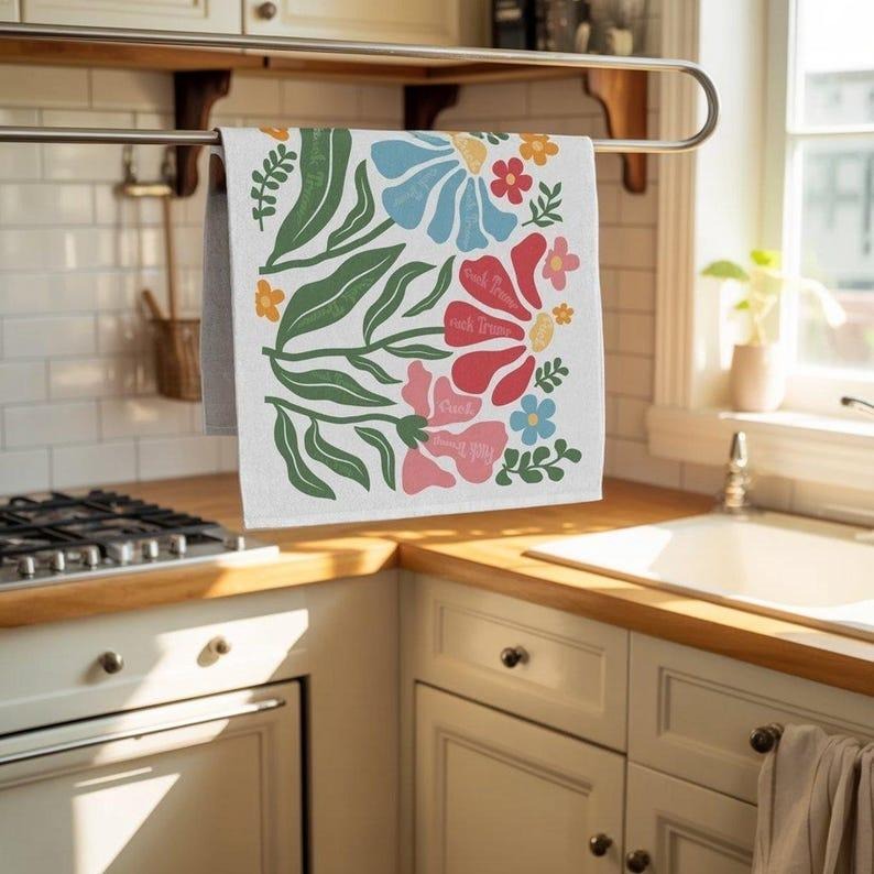 Subtle Fuck Trump Flowers Tea Towel Boho Kitchen Decor Anti Trump Gift Mom Unique Home Decor Anti Maga Towel Mothers Day...