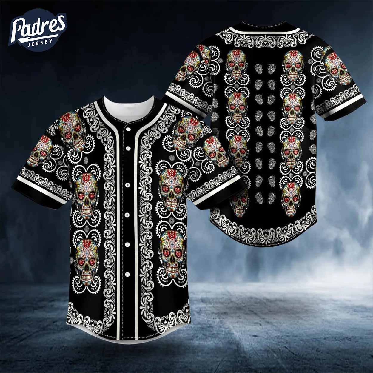 Sugar Skull Designs On Colored Paisley Baseball Jersey - Padres Jersey Oasis: Elevate Your Baseball Style Game T-Shirts,...