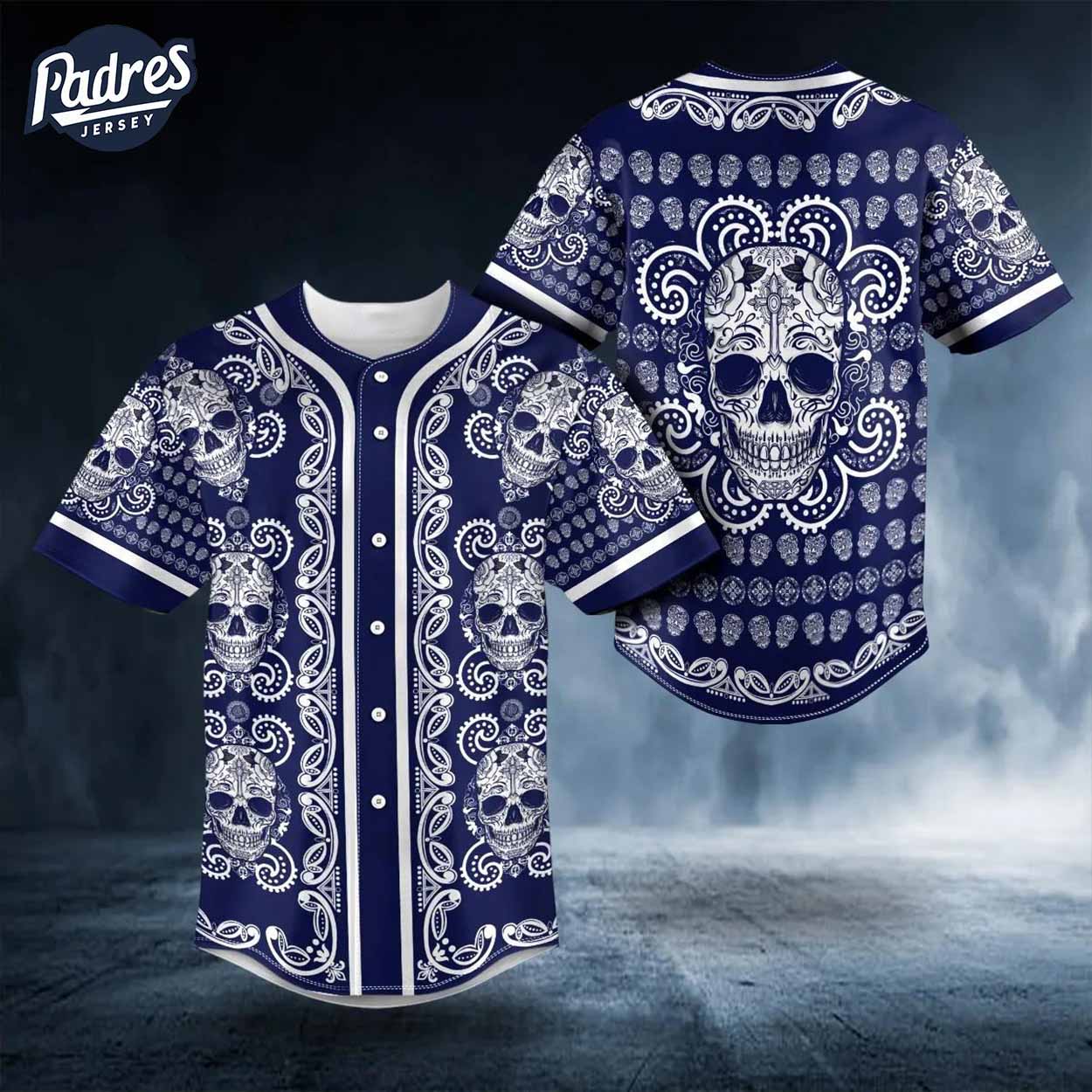 Sugar Skull Designs On Navy Paisley Baseball Jersey - Padres Jersey Oasis: Elevate Your Baseball Style Game T-Shirts,...