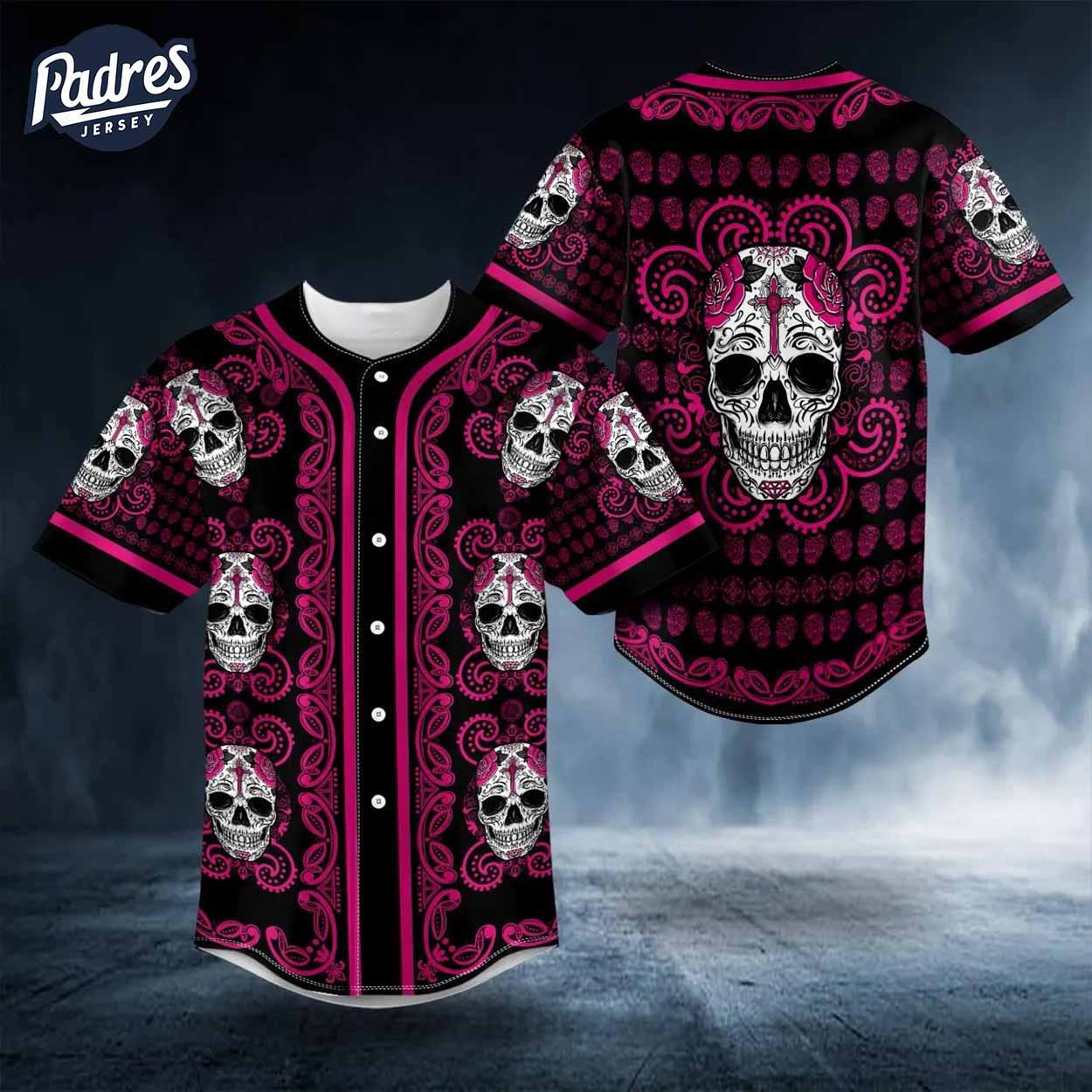 Sugar Skull Designs On Pink Paisley Baseball Jersey - Padres Jersey Oasis: Elevate Your Baseball Style Game T-Shirts,...