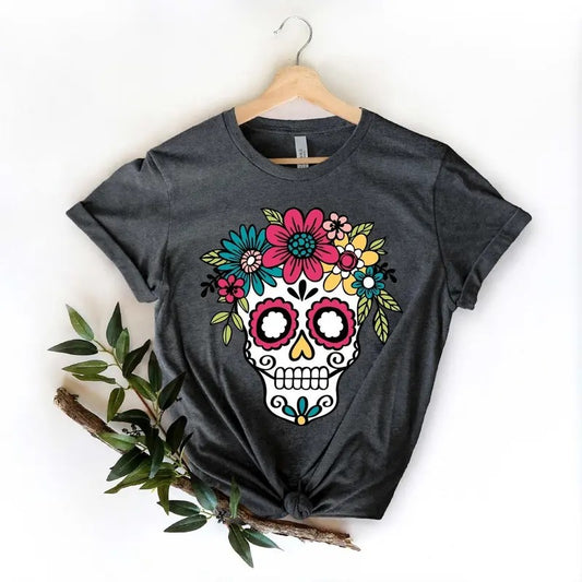 Sugar Skull Flower Crown, Day of the Dead Shirt, Halloween Shirts, Halloween T-shirt For Women, Flower Skull Shirt,...