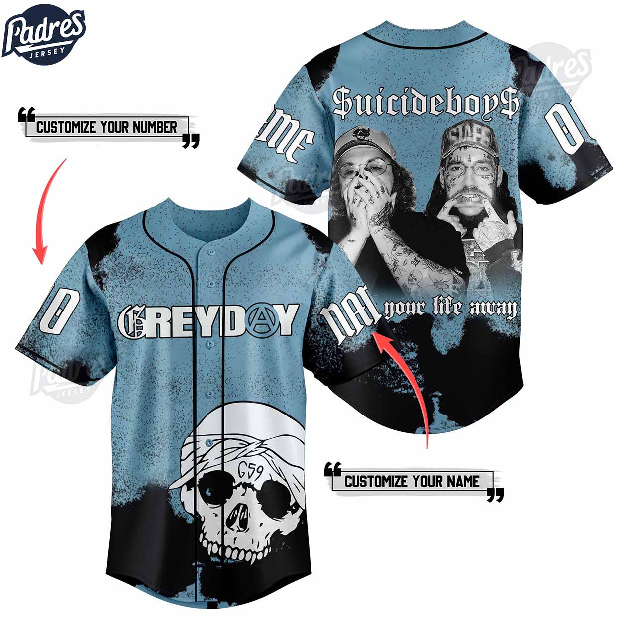 Suicideboys Grey Day Custom Baseball Jersey Style - Padres Jersey Oasis: Elevate Your Baseball Style Game... (Image 1)