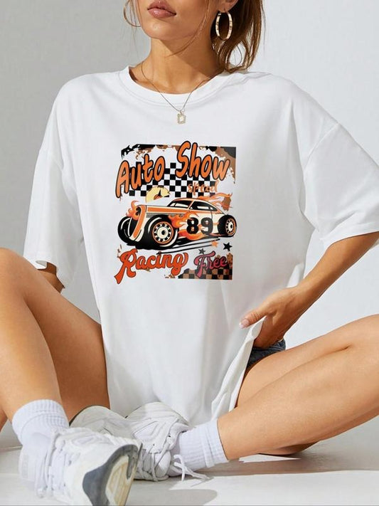 Summer Clothes Women's Car & Letter Print Drop Shoulder Tee, Casual Short Sleeve Round Neck T-Shirt for Summer, Women's...