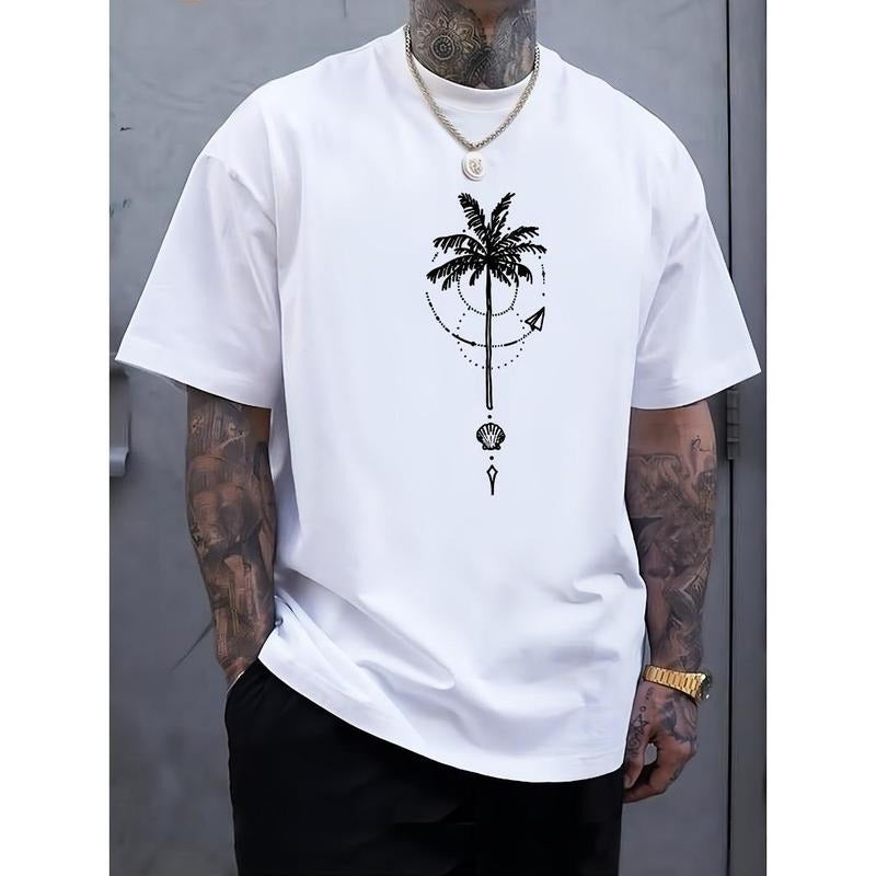 Summer Essential: Men's Crew Neck Short Sleeve Coconut Tree Graphic Print Tees, Comfortable Versatile Top for Outdoor...