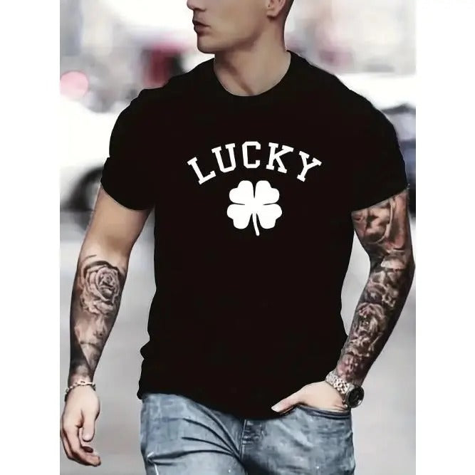 Summer-Ready LUCKY Shamrock Print T-Shirt: Cool, Comfy Casual Men's Top with Crew Neck for Outdoor Fun & Style Made in...