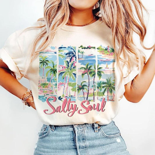 Summer Salty Soul T-shirt, Preppy Beach sweatshirt, Beach vibes Brushstroke tshirt, Aesthetic Summer T-shirt, Trendy...