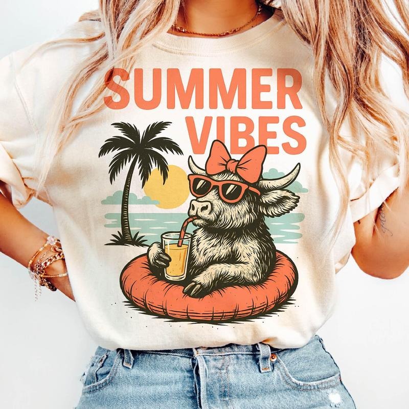 Summer Vibes Highland Cow #2 Shirt ~ Unisex Apparel Relaxed Fit Printed In The USA Clothing Womenswear Casual Comfort...